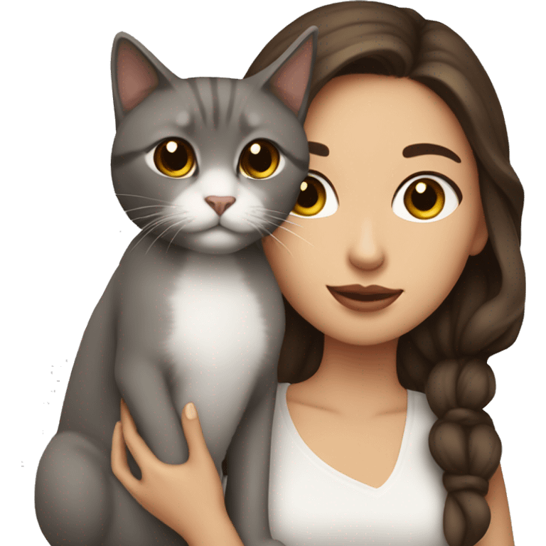 o woman with brown hair, dark brown eyes wear a white crop hold a grey cat and kiss it emoji