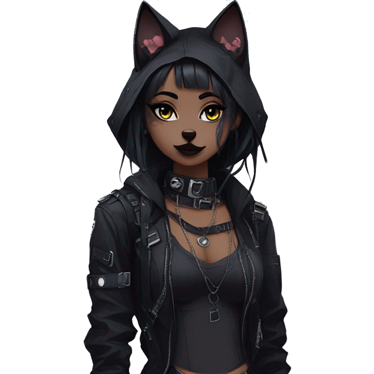 Gorgeous gothic dark techwear cyberpunk anime style sona anthro cat, aesthetic, and pretty edgy black with collar and harness, trending style emoji