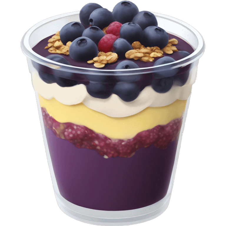 Açaí in a clear cup with layers of fruits and granola and condensed milk emoji