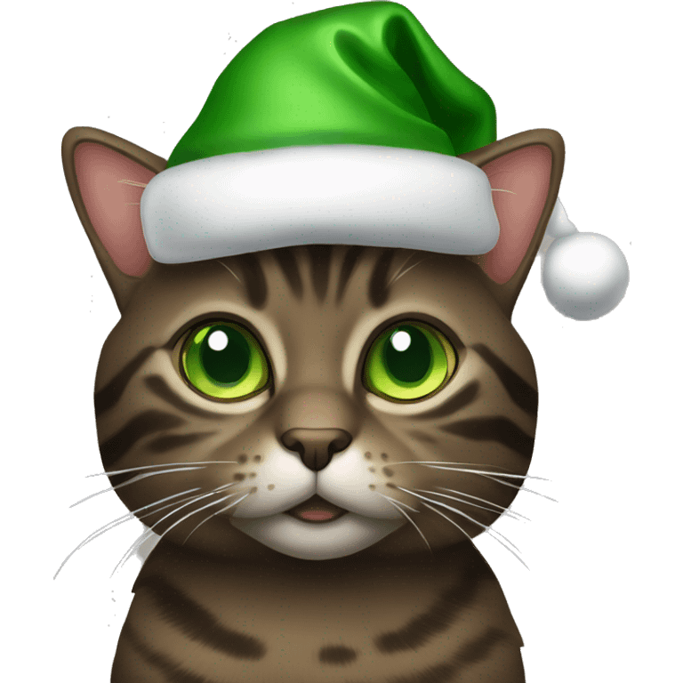 Dark brown tabby cat with green eyes wearing Christmas hat emoji