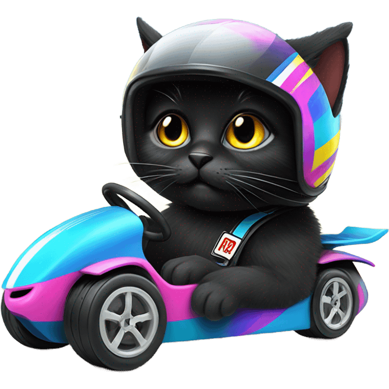 Fluffy black cat driving a race car  emoji