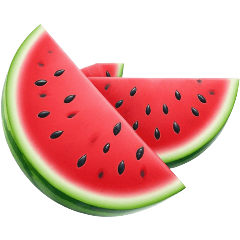 Cinematic juicy watermelon, thick slices revealing vibrant red interior, glossy and glistening with tiny black seeds, fresh and refreshing, soft glowing background, summer vibes. emoji