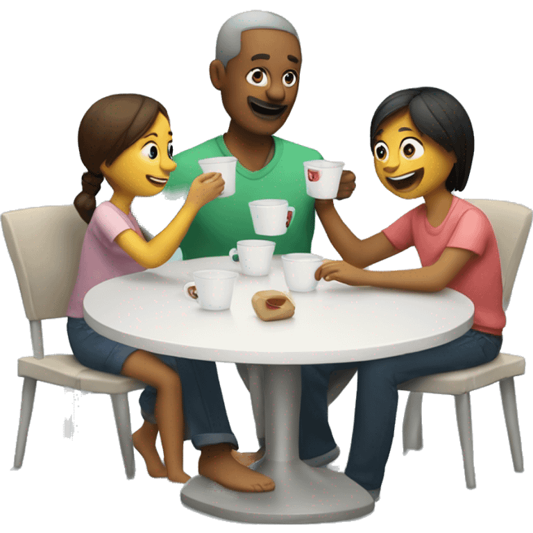 An emoji of a family—mother, father, and child—sitting at a table, playing a cup game with paper cups arranged on the table as they have fun together emoji