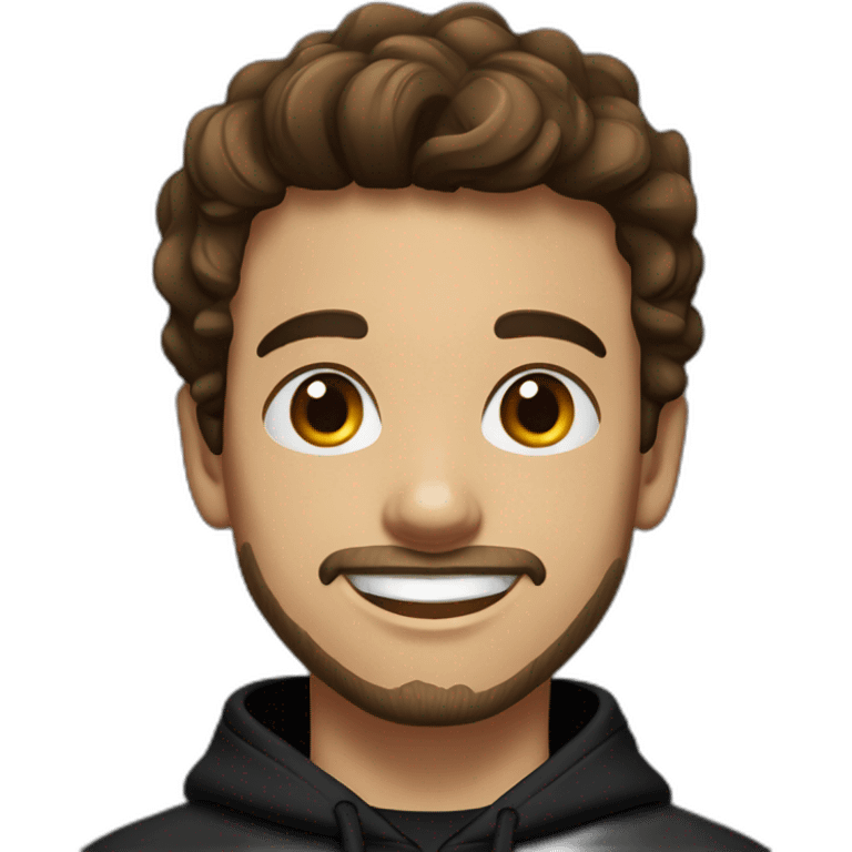 young man  fit with short beard smiling medium long wavy rockabilly style brown hair with light skin and dark brown eyes wearing black sweatshirt hoodie emoji