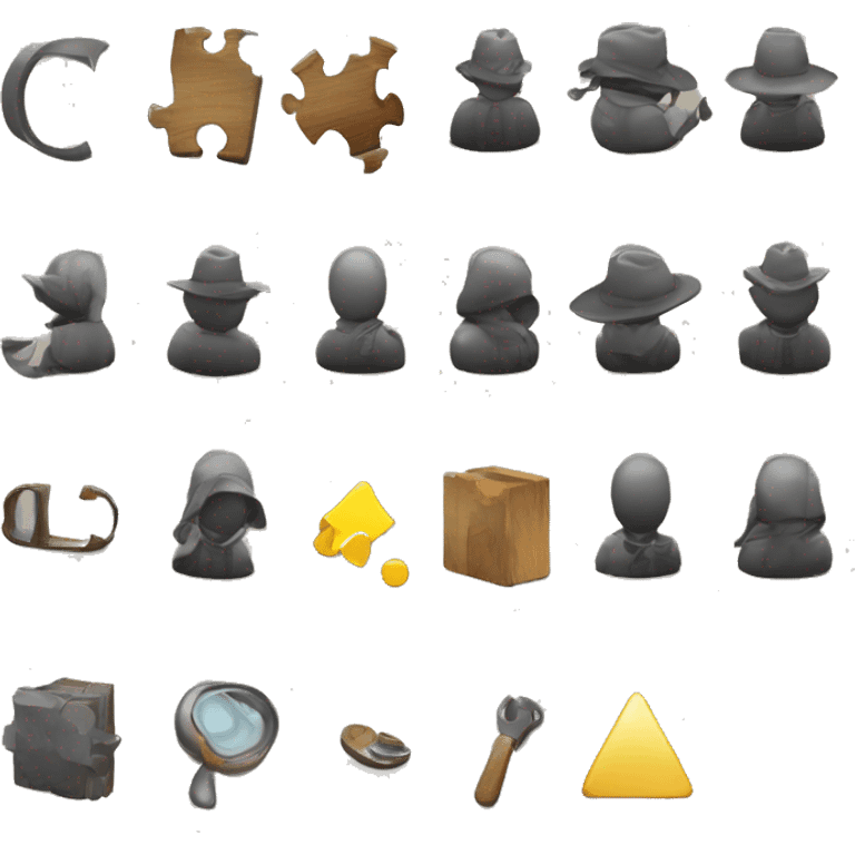 Puzzles, coding, shadows, mystery, lacking assets, seeking assistance, visuals, essence, four images, references, style, theme emoji