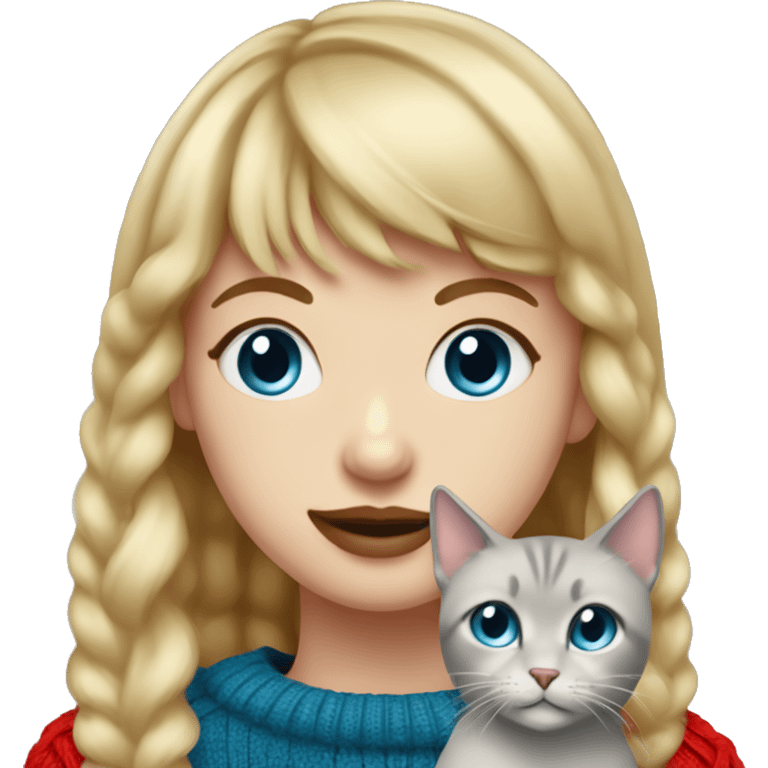 girl with blonde hair and bangs (a fringe) with blue eyes, long eyelashes and red lipstick in a red cable knit sweater holding a grey cat emoji