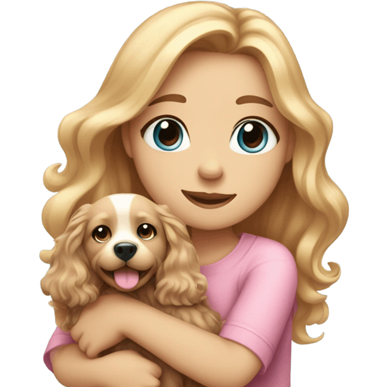 Please create a girl who hugs her pet doggie. The girl has a cute face and so does the doggie. The girl has light skin, blue eyes and pink wavy long hair. emoji