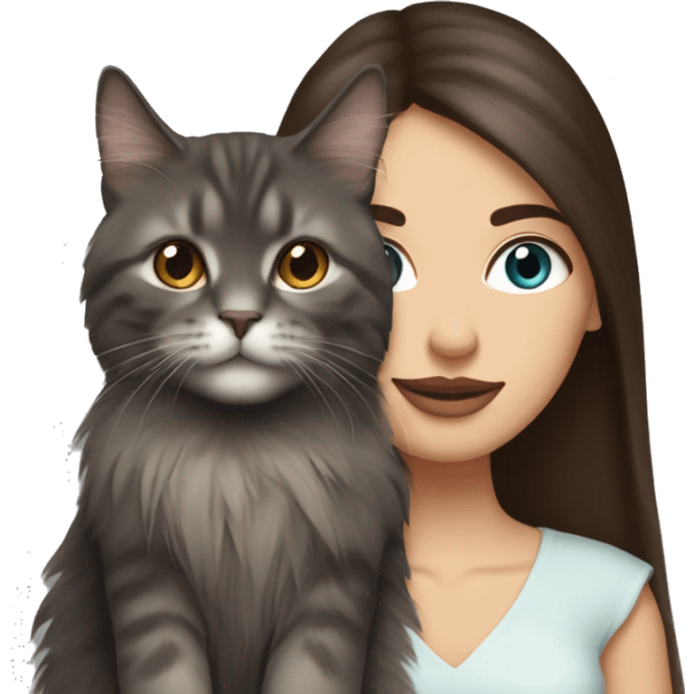 long straight haired blue eyed brunette woman holding norwegian forest cat with amber eyes emoji