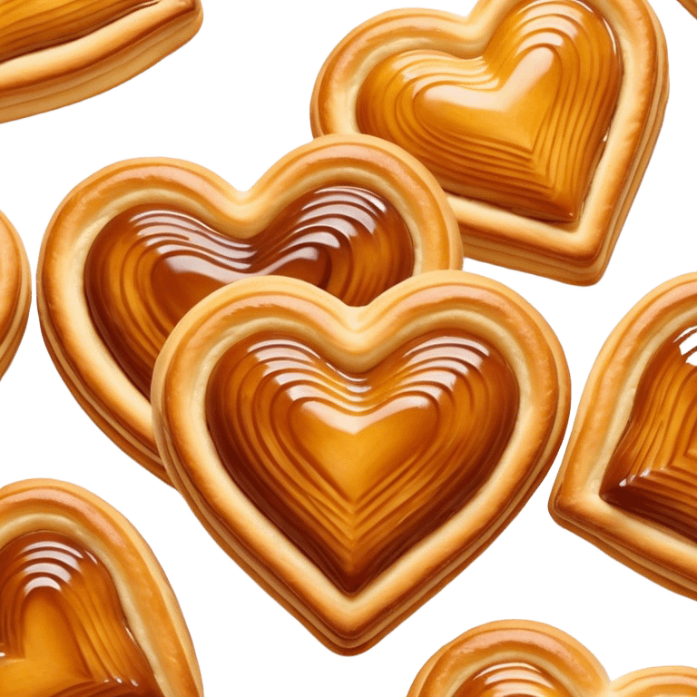 Cinematic crisp palmier, golden-brown heart-shaped pastries, perfectly caramelized layers, delicate and flaky, warm glowing background, inviting and delicious. emoji