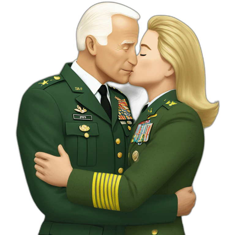 Vladimir Zelenskiy in green military clothes kissing by Joe Biden in classic suit emoji