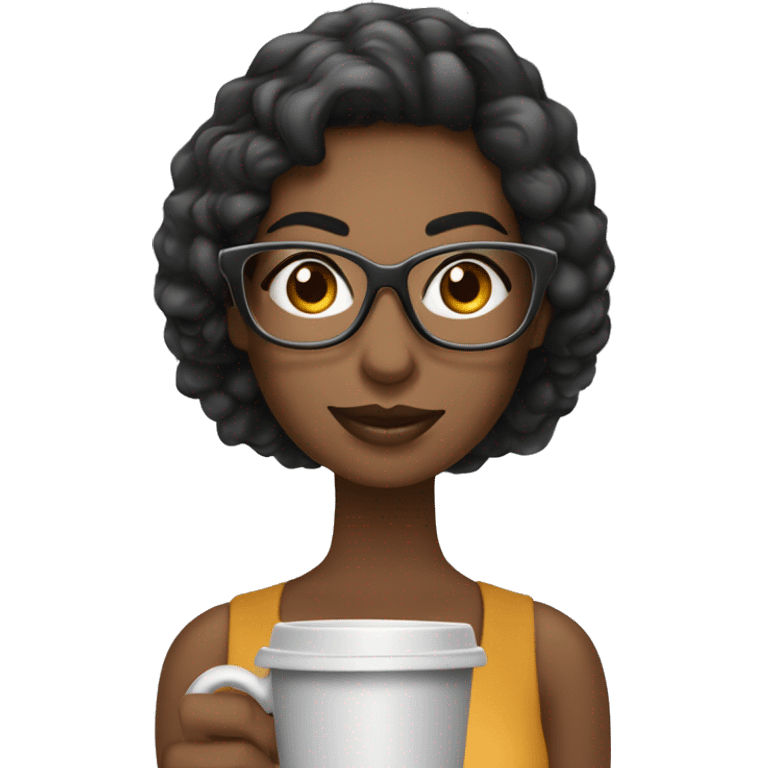 SOCIAL MEDIA ESTRATEGISTA, MULHER MORENA, CABELO PRETO COM OCULOS DE GRAU E  CANECA DE CAFE  emoji