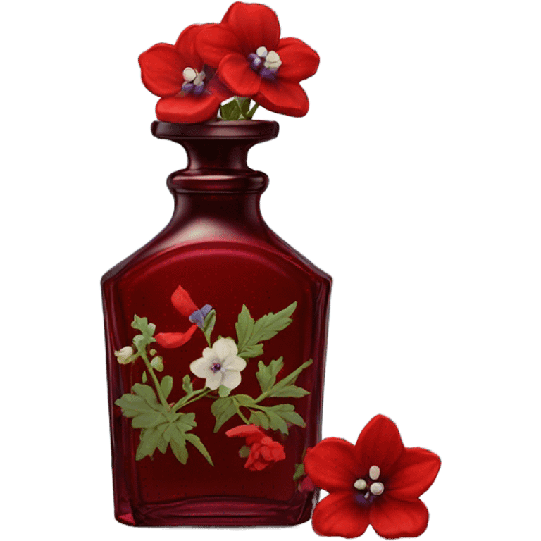 Dark red vintage French style perfume bottle with red delphiniums emoji