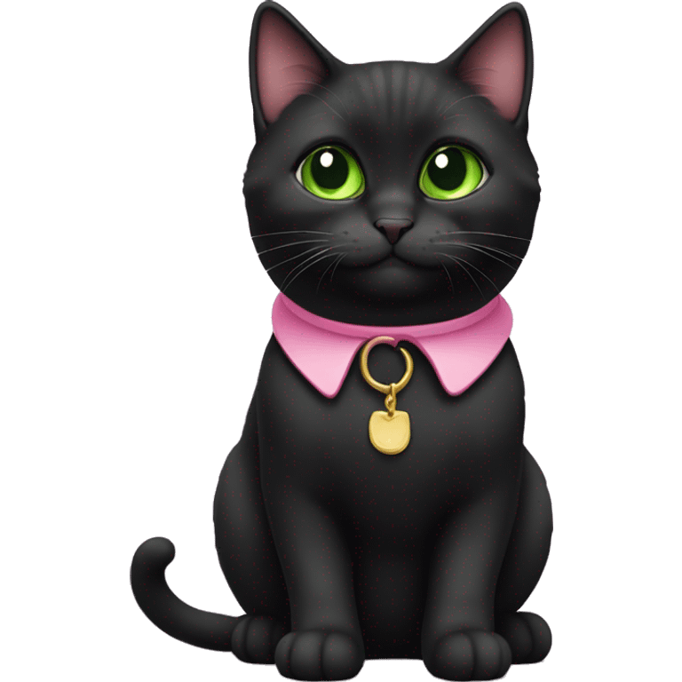 Black munchkin cat with pink collar and green eyes emoji