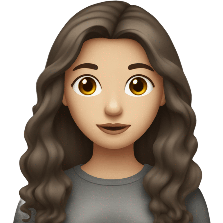 A girl with brown hair with dark gray highlights, fair skin, long, soft, beautiful hair, soft lips, brown eyes, drinking coffee, and a small nose. emoji