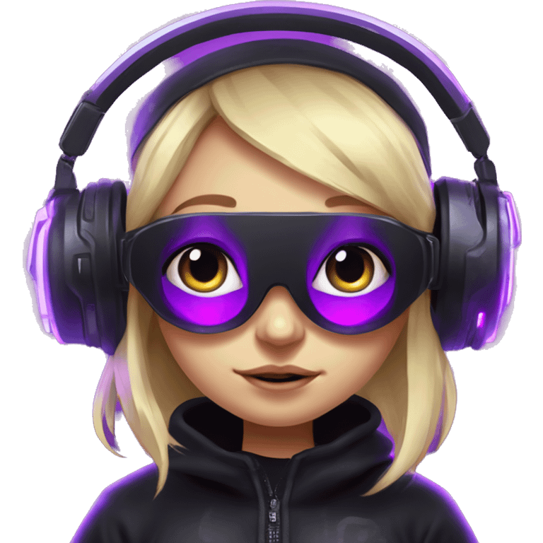 Russian cute blond girl wearing black hoody with violet letters "OMG", in vr headset. Cyberpunk style. Violet neon. emoji