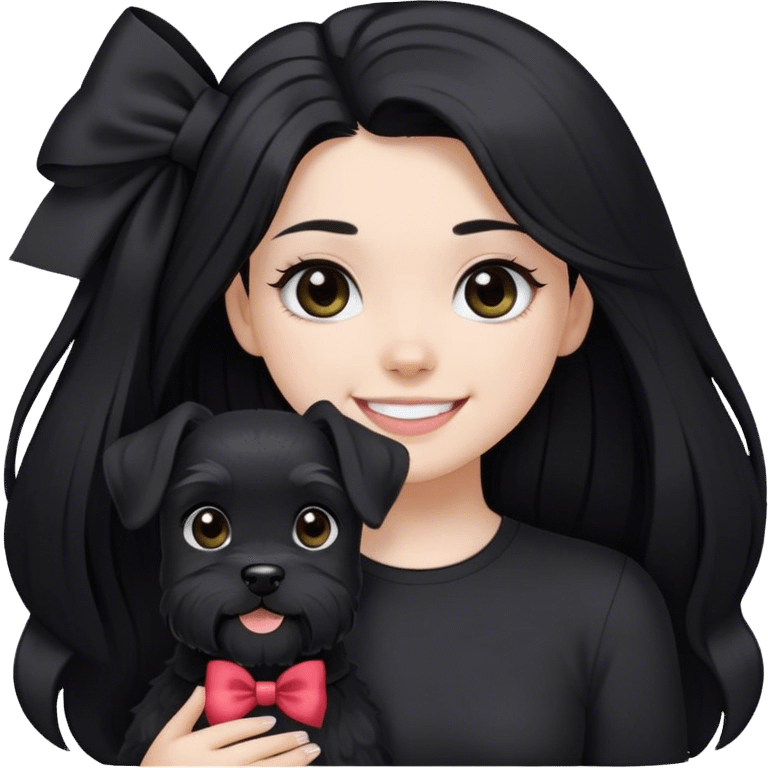 pale girl smiling with light eyes and long black hair wearing black shirt with bow and smiling black schnauzer  emoji