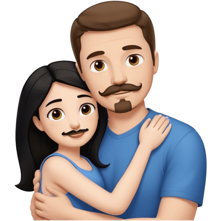 Couple, Tall strong white man with brown hair mustache and goatee, hugging small pale woman long with black hair emoji