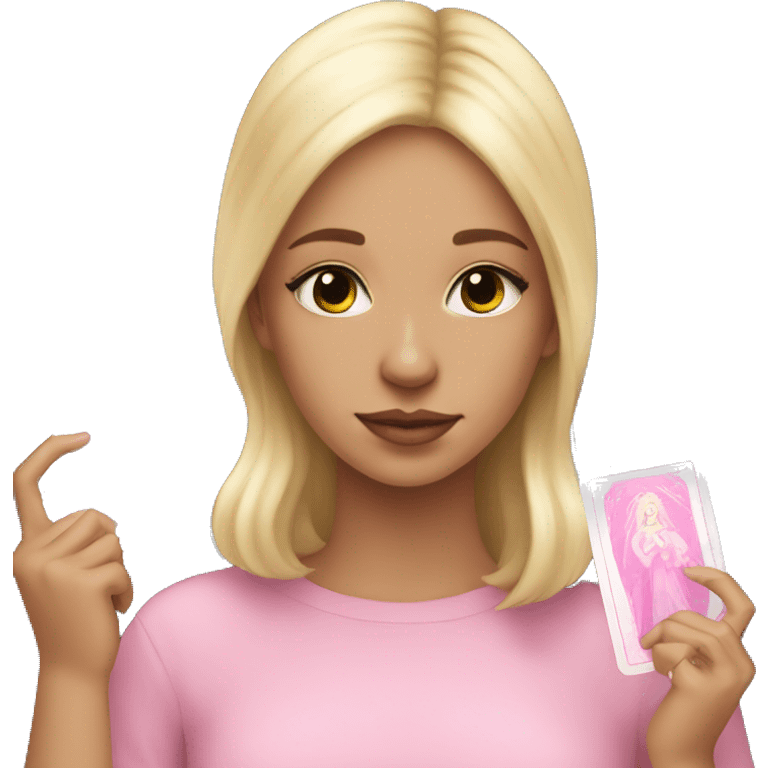 Blonde girl with pink tarot cards emoji