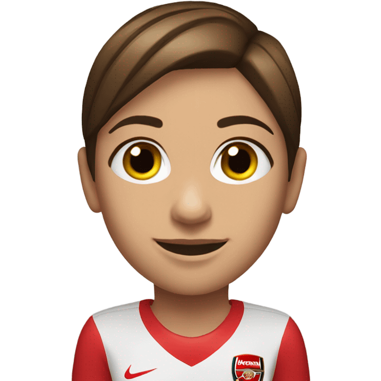 Pretty woman with short brown hair holding a soccer ball and wearing an Arsenal jersey emoji