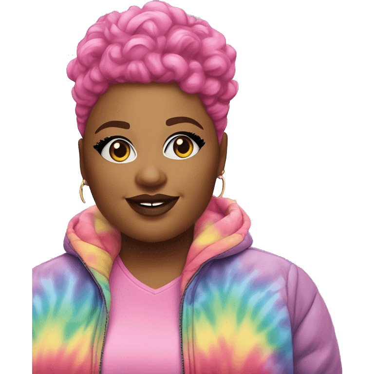 Plus size black woman with chinky eyes, a pink curly pixie cut hair and a rainbow tie dye bubble jacket  emoji