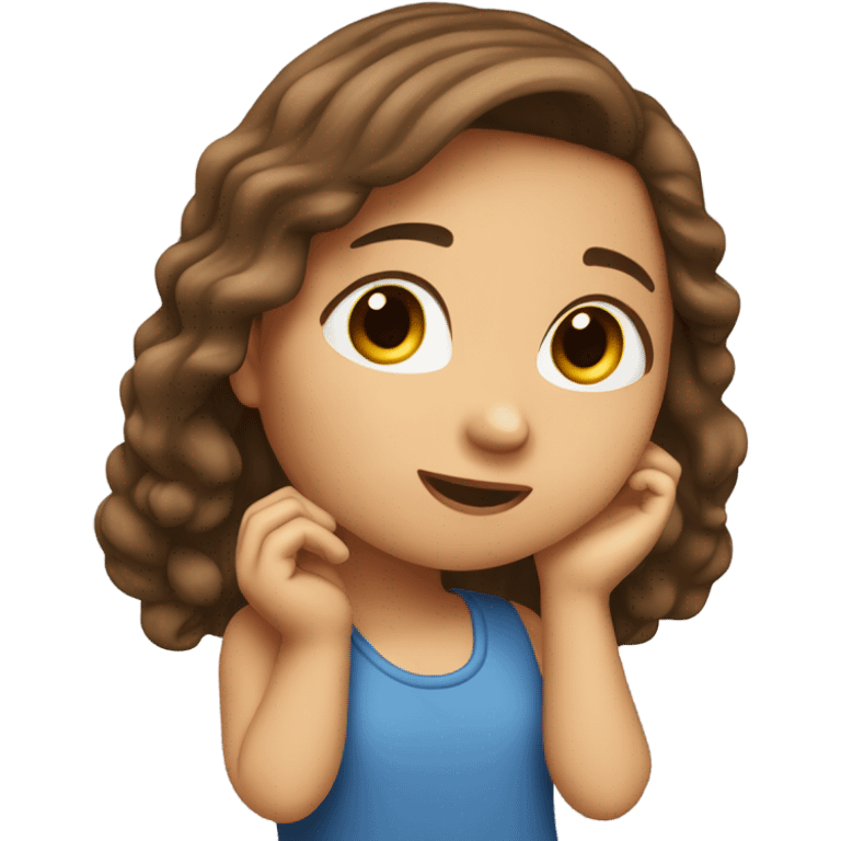 Girl with long brown hair pose with one hand around her ear  emoji