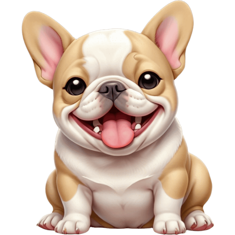 Cinematic Cute Yawning Pied French Bulldog Portrait Emoji, Head tilted with an exaggerated, endearing yawn and sleepy, squinty eyes, showcasing a unique pied fur of contrasting colors with a playful expression, simplified yet irresistibly adorable, highly detailed, glowing with a soft, cozy radiance, high shine, exuding a relaxed, humorous charm, styled with a gentle, soft glowing outline, capturing the essence of a Pied French Bulldog in a blissfully cute yawn that warms the heart! emoji