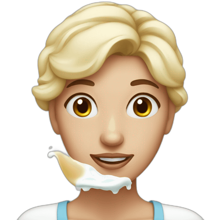 Woman with milk spilled on her face with satisfactory expression emoji