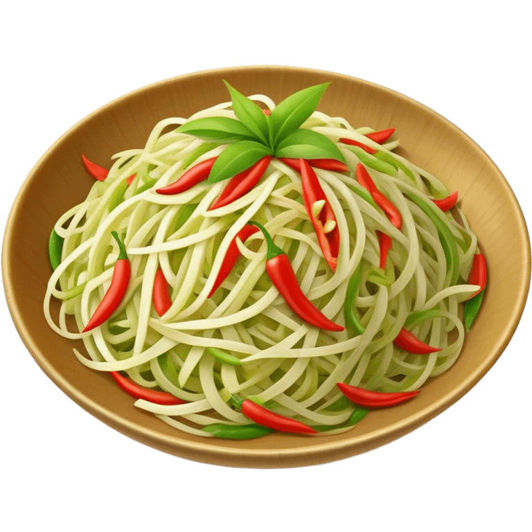 Cinematic Realistic Som Tam (Papaya Salad) Dish Emoji, featuring a spicy, tangy salad of shredded green papaya with chili and lime rendered with crisp textures and bright, lively lighting. emoji