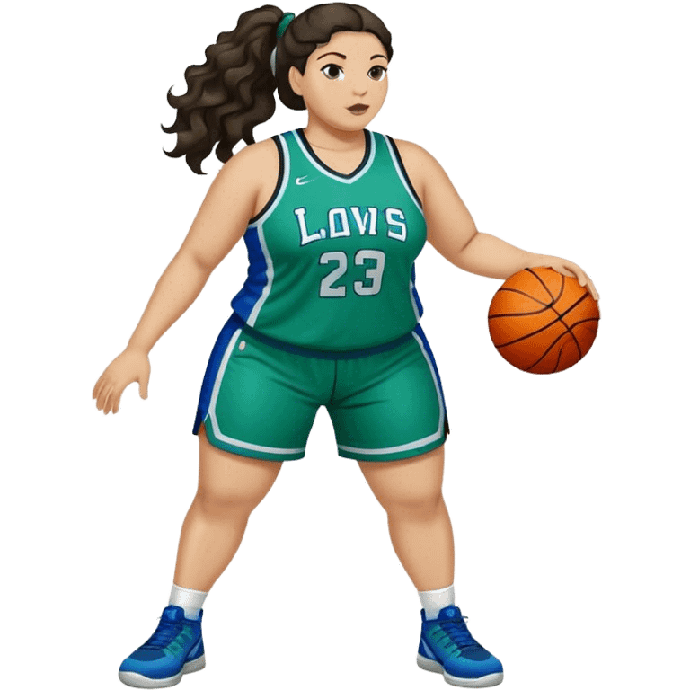 full body plus size light skin latino women basketball player with wavy dark hair in pony tail wide nose wearing blue green  uniform emoji