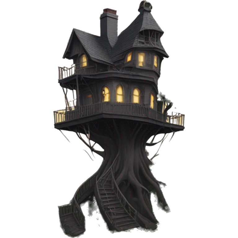 Fantastic haunted Addams tree house in an overgrown hotel on a hill  emoji