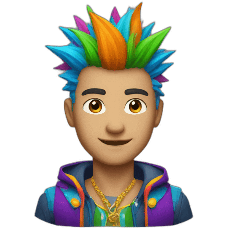 Envision a confident man sporting a vibrant, multicolored costume with spiky, bold hair, exuding a sense of individuality and charisma emoji