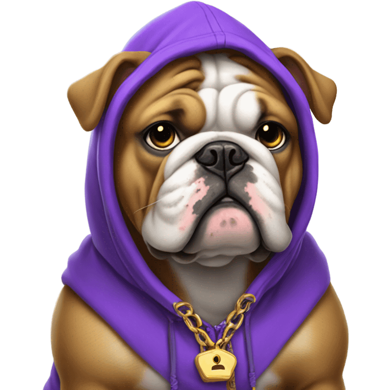 Bulldog wearing purple hoodie and gold chain  emoji