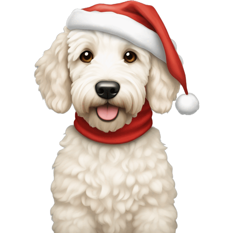 White and beige goldendoodle with Santa hat emoji