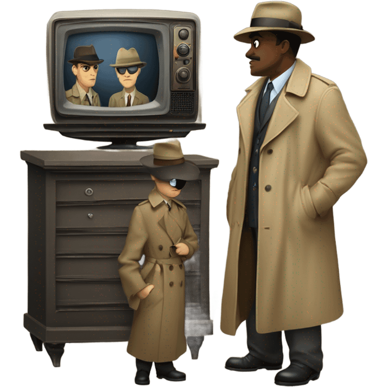 two detectives standing in anticipation behind a vintage TV set emoji