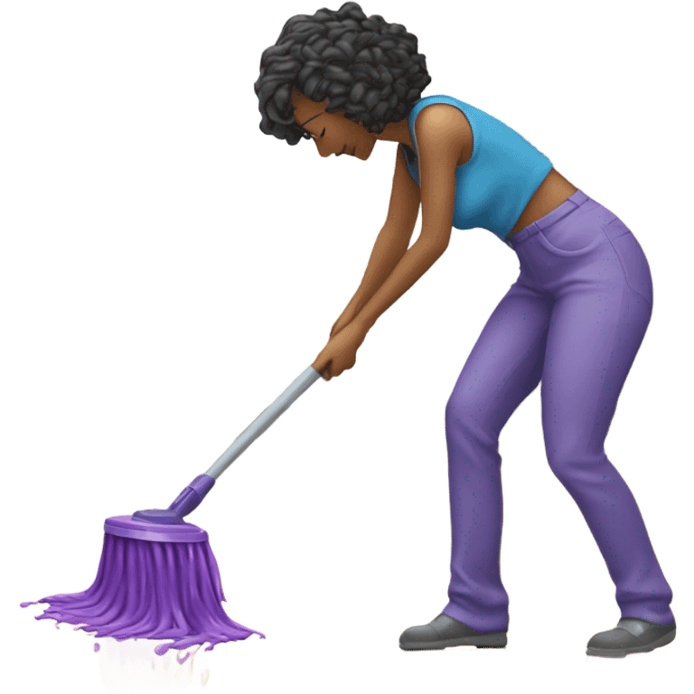 Woman cleaning kitchen with mop and purple cleaning liquid emoji