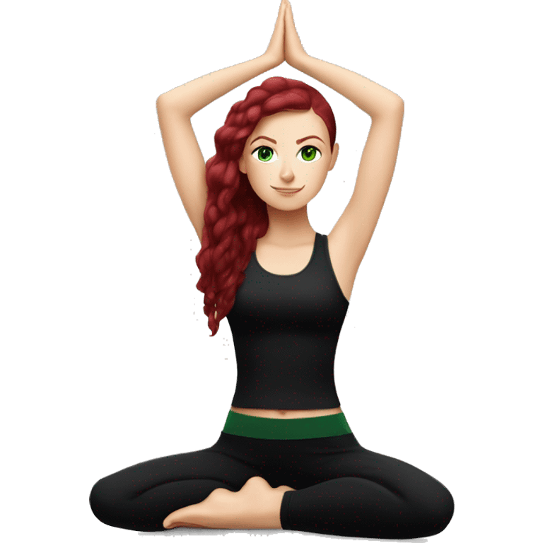 Slavic white girl with burgundy hair and green eyes doing yoga in black clothes  emoji