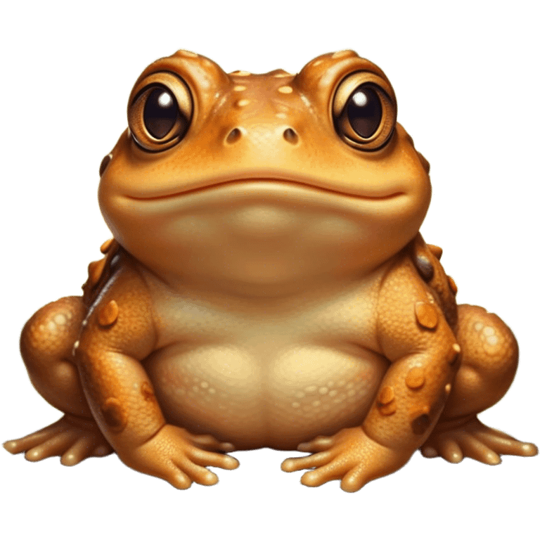 Cinematic Cute Toad Portrait Emoji, Head tilted playfully and inquisitively, featuring a charmingly plump form with bumpy, textured skin in rich earthy hues and round, sparkling eyes full of gentle mischief, Simplified yet irresistibly adorable features, highly detailed, glowing with a warm, friendly woodland glow, high shine, affectionate and lively, stylized with a touch of whimsical nature charm, soft glowing outline, capturing the essence of a mischievous yet loving toad that seems as if it could hop out of the screen into your arms! emoji