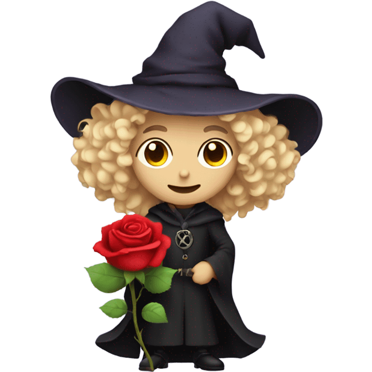 Male blonde curly haired Witch holding a rose emoji