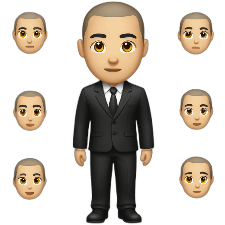 Asian, thick eyebrows, Buzz cut, black suit emoji