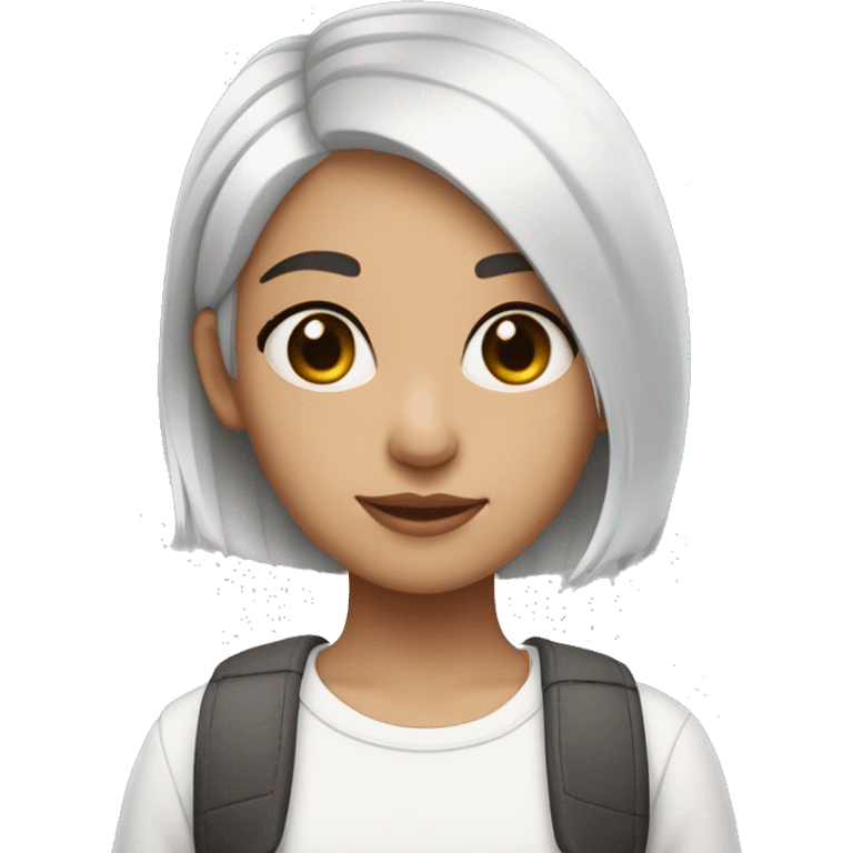 Girl of short straight hair with Tomboy style cut, pure white hair color with gray gradient at the ends of her hair, she has heterochromia emoji