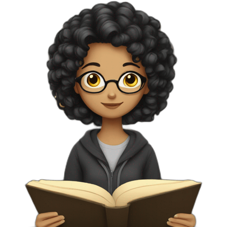 girl with black curly hair reading a book emoji