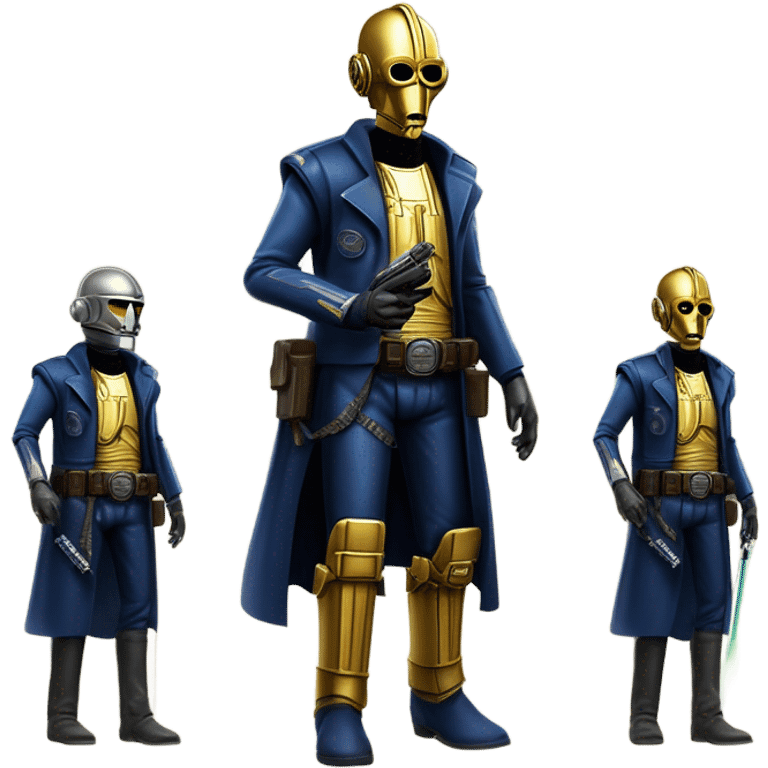 bounty hunter tarnished undercover tough well-equipped Jedi  life-sized darkblue-pearl C3po leather vest clothing pants and vest old west duster coat holding light saber sheriff holstered gun emoji