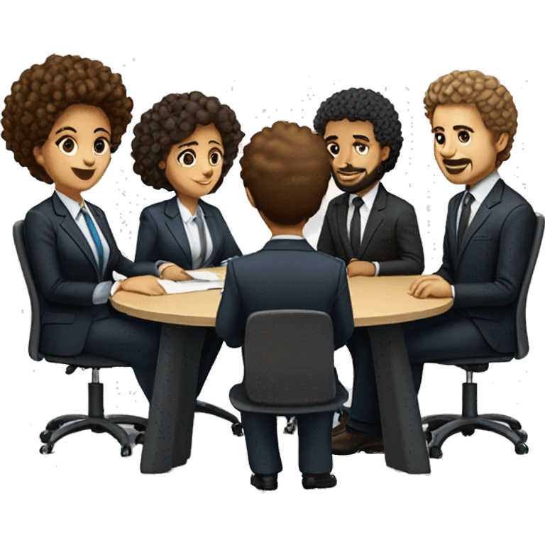 work meeting table 3 men and 4 women sitting on a table wearing suits the women have curly hair and one of the men is fat with a beard and of them is tanned with curly hair emoji