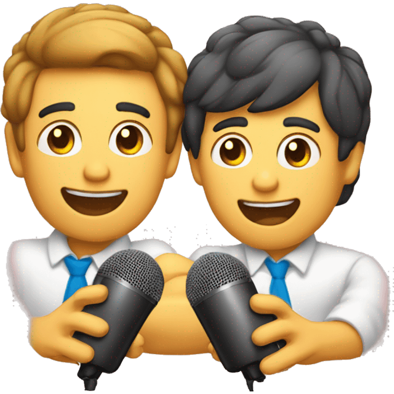 dois homens gays magros de mãos dadas falando no microfone emoji