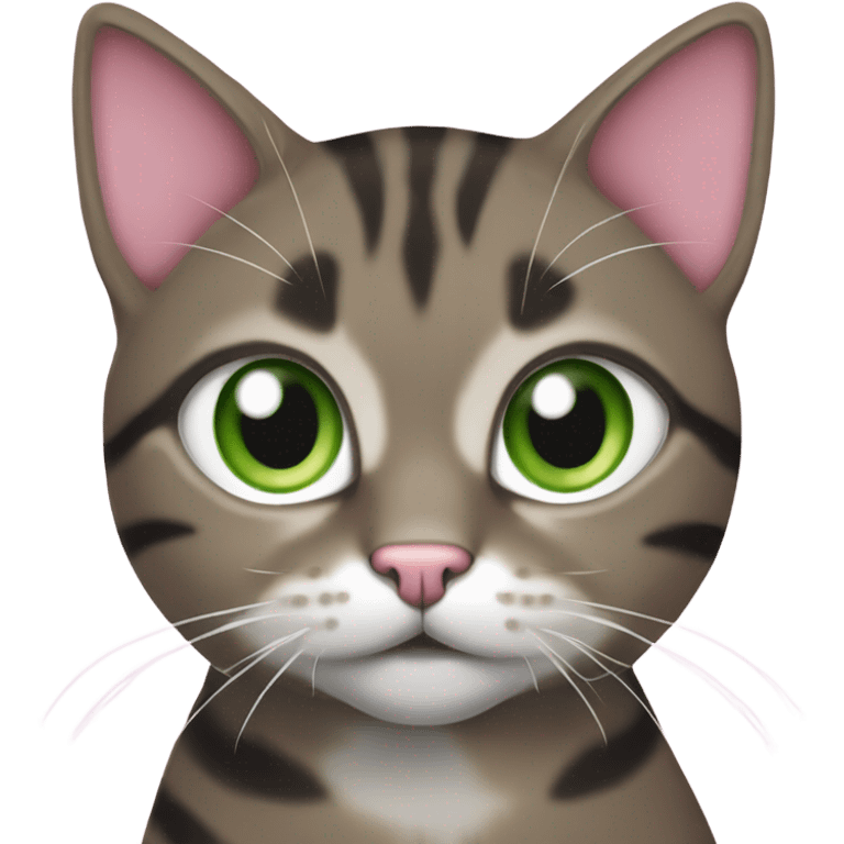 Brown black white and grey tabby Cat with green eyes and pink nose emoji