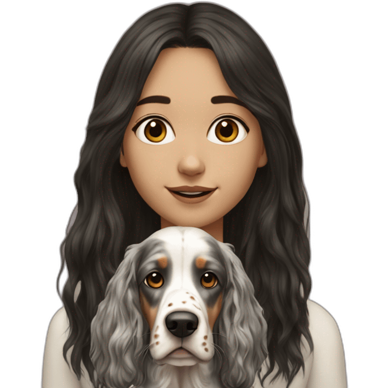 hyperrealist caucasian girl black long hair with brown english setter dog emoji