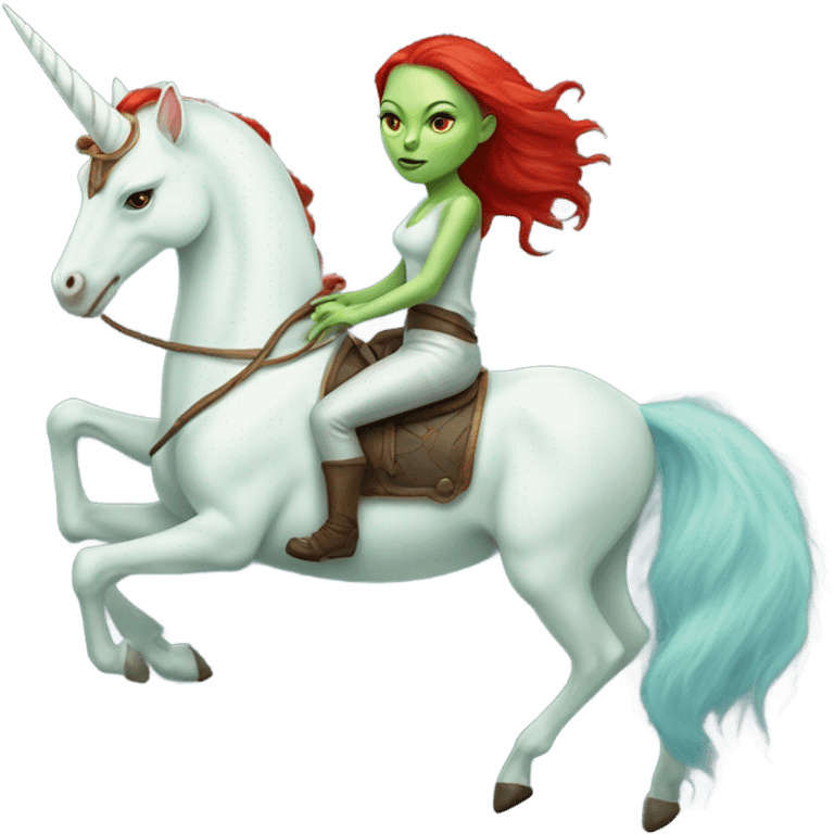 [politically incorrect
	{ woman: alien, color: light green, hair:red, eyes:cat} ]
	on a 
	[{ unicorn: white, legged:six, mane: light blue }] emoji