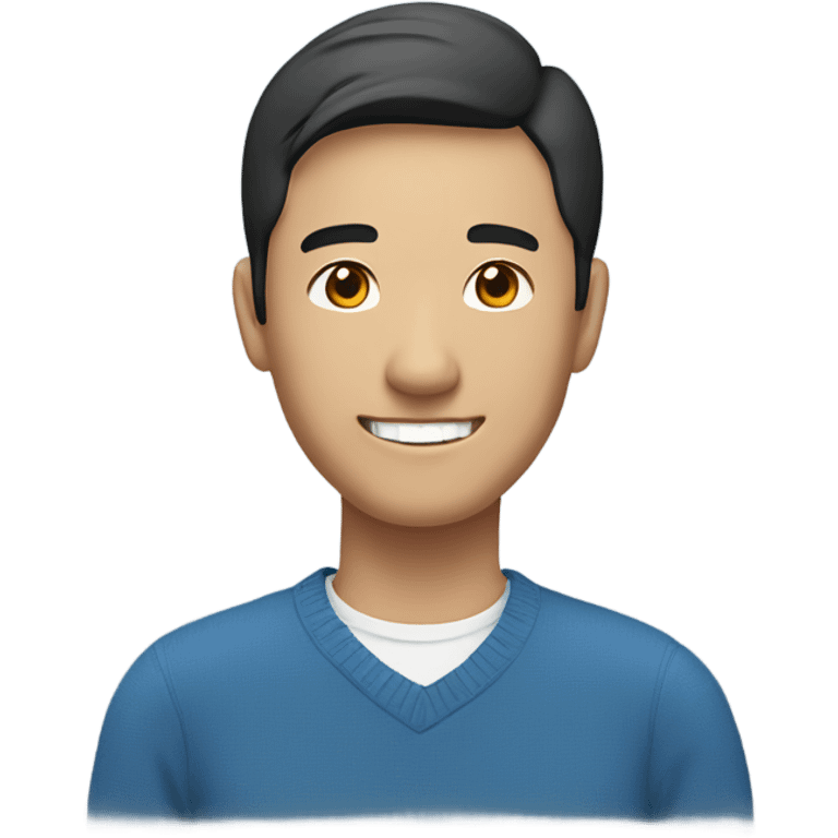 smiling asian man, wearing blue sweater with white shirts inside emoji