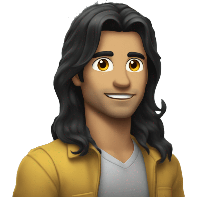 handsome man with long black hair combed back, leaning back against the school bus, white-skinned American emoji