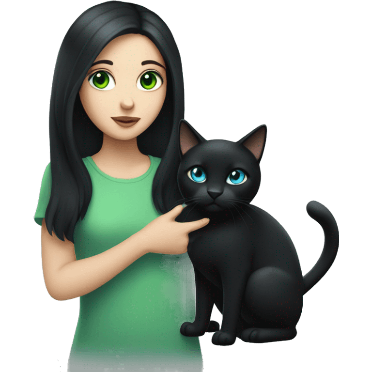 Girl with black hair and blue eyes holding a black cat with green eyes  emoji